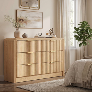 Easoger 47.2" 6-Drawer TV Stand & Dresser, Mid-Century Modern Storage Cabinet with Textured Oak Drawers, Multi-Functional Chest for Bedroom Living Room, Oak