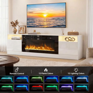 Easoger 80” Fireplace TV Stand for TVs up to 90", TV Stand with 36'' Electric Fireplace, LED Lights Entertainment Center, TV Console,White