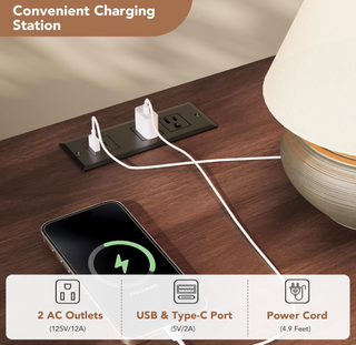 Easoger 1-Drawer Nightstand with Charging Station, Modern Wood Bedside Table with USB Ports & Outlets, Sturdy Slatted Design for Bedroom Living Room, Walnut