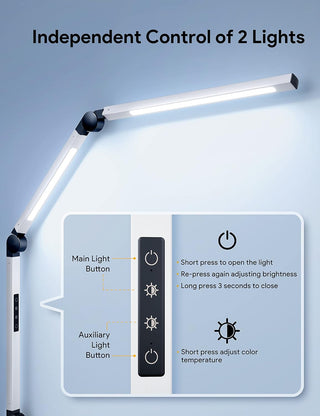 MediAcous LED Desk Lamp with Clamp, Dual Light Desk Lamp with Swing Arm, Dimmable 4 Color Modes & 4 Brightness Table Lamp, Eye-Caring Clip-on Lamp with Memory Function for Home Office, White