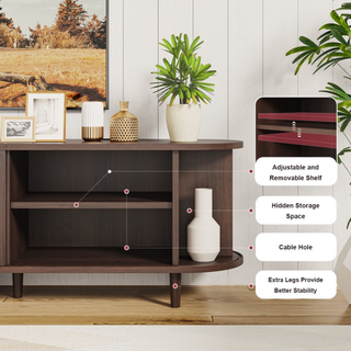 Easoger 70" Sliding Door TV Stand with Charging Station, Fluted Vertical Grille Wood Entertainment Center, Curved Oval Shape Storage Cabinet,Brown