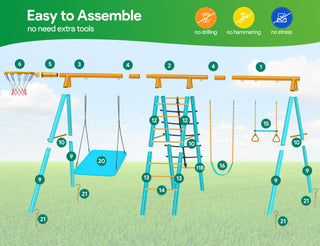 Swing Sets for Outdoor, 6 in 1 Heavy-Duty Metal Swing Sets, Kids Swing Sets for Backyard with with 2 Swings,Trapeze Bar and Basketball Hoop for Aged 3-12