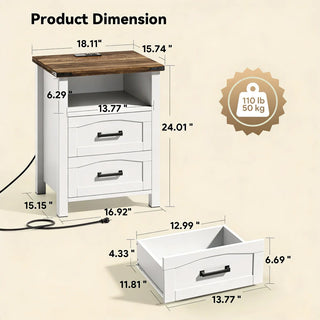 Evmore 2-Drawer Nightstand Set with Charging Station, 18" Farmhouse Bedside Tables with Open Storage Shelf & USB-C, White and Walnut Wood End Tables for Small Bedrooms