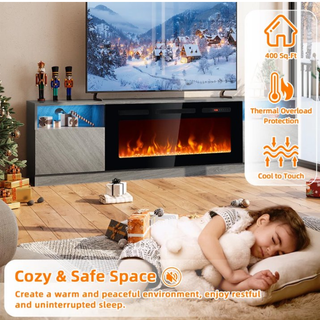 Easoger 70” Fireplace TV Stand for TVs up to 80", TV Stand with 36'' Electric Fireplace, LED Lights Entertainment Center, TV Console, Gray