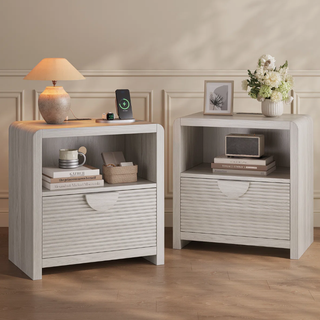 Easoger 1-Drawer Nightstand with Charging Station, Modern Wood Bedside Table with USB Ports & Outlets, Sturdy Slatted Design for Bedroom Living Room, Gray