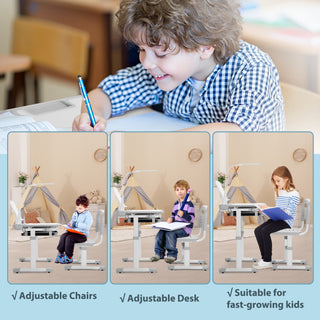 Kids Desk and Chair Set Height Adjustable School Study Desk and Chair with 55° Tiltable Desktop, 3 Modes&3 Brightness LED Lamps, Storage Drawer and Metal Hook for Boys Girls, Grey