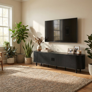 Easoger 80" Curved Oval Sliding Door TV Stand with Built-in Charging Station, Fits Up to 85 Inch TV, Black Wood Grain Media Console for Living Room Bedroom