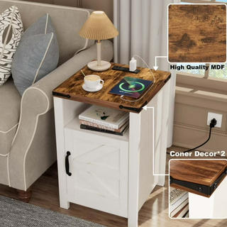 Easoger Nightstand with Charging Station 2-Piece Set, Farmhouse End Table with Barn Door &Storage Space for Livingroom and Bedroom, White