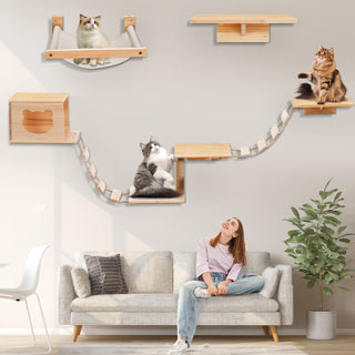9 Piece Set Wall-Mounted Cat Climber Set for Cat Play & Fun, Wooden Wall Mounted Cat Furniture