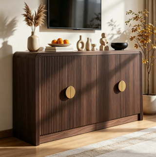 Easoger 55" Fluted Buffet Sideboard Cabinet, Mid-Century Modern Walnut Credenza Console with Adjustable Shelves, Wavy Grain Doors & Anti-Tip for Dining Room, Living Room, Entryway