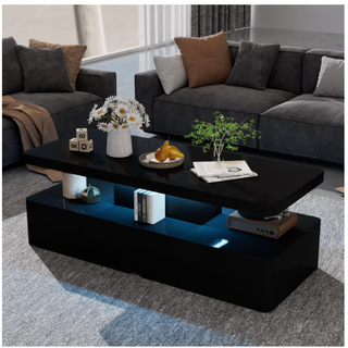 Easoger Modern Stylish Coffee Table with 16 Colors LED Lights, Double-Layer Design for Living Room, Black High Gloss Acrylic