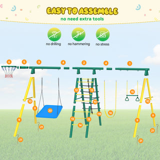 Metal Swing Sets for Backyard,Heavy-Duty Outdoor Kids Playsets for Playground,Outside Toys with 2 Swings,Trapeze Bar and Basketball Hoop for Aged 3-12