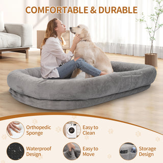 Human Dog Bed with Blanket, 72'' x 48'' x 10'' Giant Size Dog Bed for Adult People Beanbag Bed with Washable Fur Cover Pets Removable Large Memory Foam Human Sized Dog Bed Grey