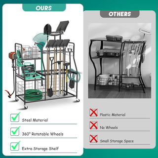 3 - Tier Garden Tool Organizer with Wheels and Extra Storage Basket - Ideal for Shed, Garage, Garden, Yard, and Lawn
