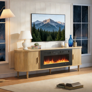 Easoger 70" Fluted Fireplace TV Stand, Mid Century Modern Entertainment Center with 36" Electric Fireplace for TVs up to 75", Console with Sliding Doors & Solid Wood Legs for Living Room,Oak