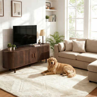Easoger 65" Sliding Door TV Stand with Charging Station, Fluted Vertical Grille Wood Entertainment Center, Curved Oval Shape Storage Cabinet,Walnut