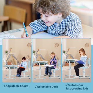 Kids Desk and Chair Set Height Adjustable School Study Desk and Chair with 55° Tiltable Desktop, 3 Modes&3 Brightness LED Lamps, Storage Drawer and Metal Hook for Boys Girls,Blue