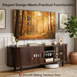 Easoger 58" Sliding Door TV Stand with Charging Station, Fluted Vertical Grille Wood Entertainment Center, Curved Oval Shape Storage Cabinet,Brown