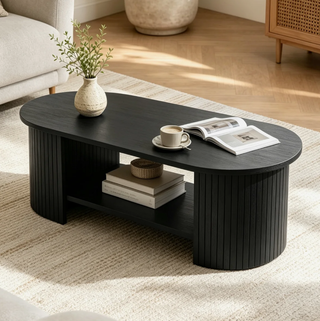 Easoger 47" Oval Coffee Table with 2-Tier Storage, Mid-Century Modern Center Table with Fluted Pedestal Base, Wooden Side Table for Living Room, Home Office
