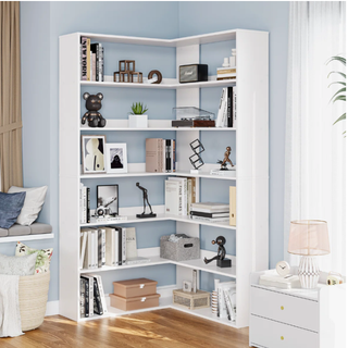 Easoger 35.2 inch 6-Tier Corner Bookshelf with Baffles, L-Shaped Tall Bookcase for Home Office, Space-Saving Storage Shelf with Anti-Tip Device for Bedroom Living Room, White