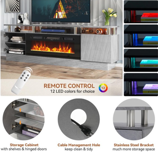 Easoger 70” Fireplace TV Stand, Entertainment Center for TVs up to 80", with 36'' Electric Fireplace, LED Lights Entertainment Center, TV Console,Gray