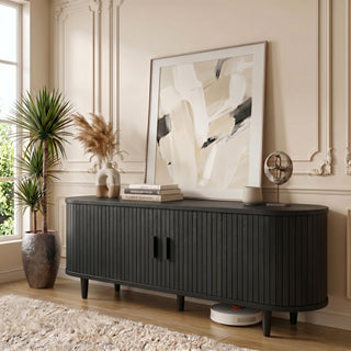 Easoger 58" Sliding Door TV Stand with Charging Station, Fluted Vertical Grille Wood Entertainment Center, Curved Oval Shape Storage Cabinet,Black