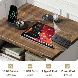 Easoger Farmhouse Nightstand Set of 2 with Charging Station, 18" Wide Rustic End Table with USB/Type-C Ports & 2 Drawers for Bedroom, White+Walnut