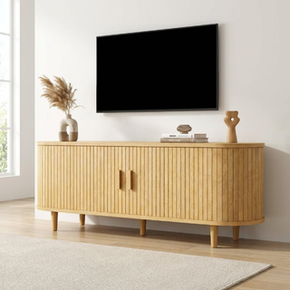 Easoger 58" Sliding Door TV Stand with Charging Station, Fluted Vertical Grille Wood Entertainment Center, Curved Oval Shape Storage Cabinet,Oak