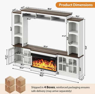 Easoger 98" Wall Unit Entertainment Center with 3-Sided Electric Fireplace, Farmhouse TV Stand for TVs Up to 70", Large Storage with Glass Doors & Shelves, White+Light Walnut