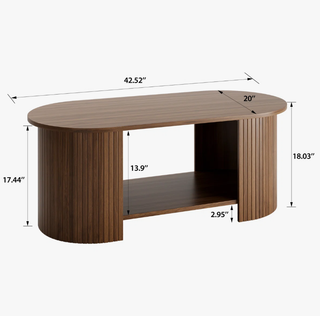 Easoger 42.5" Oval Coffee Table with 2-Tier Storage, Mid-Century Modern Center Table with Fluted Pedestal Base, Wooden Side Table for Living Room, Home Office,Walnut