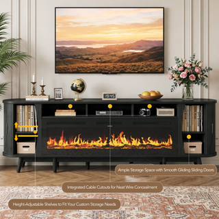 Easoger 97" Mid-Century Modern Fireplace TV Stand with 60" Electric Fireplace, 12 Color Flames & Dual Heat Settings, Large Entertainment Center for TV, Storage Cabinets & Shelves