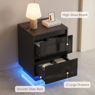 Easoger Nightstand Set of 2 with LED Lights, 2 Drawers & USB Ports, Modern End Tables for Bedroom Living Room, Black