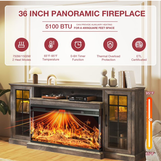 Easoger 36 Inch Fireplace TV Stand for TVs up to 80", LED Light Entertainment Center with 3-Sided Glass Fireplace, TV Console, Gray
