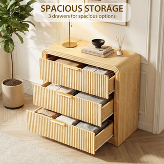 Easoger 19.7" Fluted Nightstand with Charging Station, 3 Drawers Modern Bedroom Side Table with USB-C & Gold Handles, Natural Oak