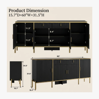 Easoger 60" Sideboard Buffet Cabinet with Gold Accents, Modern Fluted Storage Cabinet for Living Room Dining Room, Adjustable Shelves,Black
