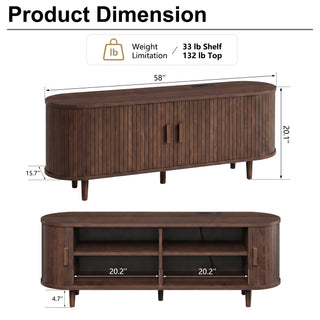 Easoger 58" Sliding Door TV Stand with Charging Station, Fluted Vertical Grille Wood Entertainment Center, Curved Oval Shape Storage Cabinet,Brown