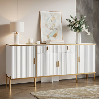 Easoger 60" Sideboard Buffet Cabinet with Gold Accents, Modern Fluted Storage Cabinet for Living Room Dining Room, Adjustable Shelves,White