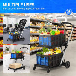 Rengue 200lbs 30x18'' Rengue Folding Shopping Cart, Collapsible Shopping Cart with Wheels, Adjustable Foldable Portable Trolley, Grocery Shopping Cart with 2 Removable Baskets for Shopping, Picnic