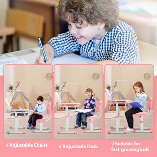 Kids Desk and Chair Set Height Adjustable School Study Desk and Chair with 55° Tiltable Desktop, 3 Modes&3 Brightness LED Lamps, Storage Drawer and Metal Hook for Boys Girls,Pink