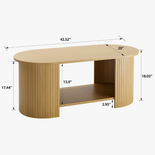 Easoger 42.5" Oval Coffee Table with 2-Tier Storage, Mid-Century Modern Center Table with Fluted Pedestal Base, Wooden Side Table for Living Room, Home Office,Oak
