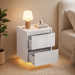 Easoger Nightstand Set of 2 with LED Lights, 2 Drawers & USB Ports, Modern End Tables for Bedroom Living Room, White