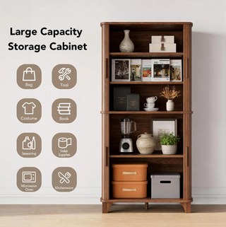 Easoger 69" Tall Kitchen Pantry Storage Cabinet with Sliding Door, Modern Curved Edge Pantry Cabinet with 5 Shelves for Dining Room, Walnut