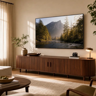Easoger 80" Curved Oval Sliding Door TV Stand with Built-in Charging Station, Fits Up to 85 Inch TV, Walnut Wood Grain Media Console for Living Room Bedroom