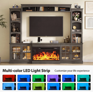 Easoger 98" Wall Unit Entertainment Center with 3-Sided Electric Fireplace, Farmhouse TV Stand for TVs Up to 70", Large Storage with Glass Doors & Shelves, Gray
