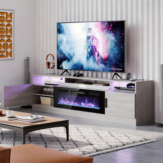 Easoger 80" Fireplace TV Stand, Gaming Media Console with 12 Color LED Backlights & 3 Outlets, Storage Shelves & Cabinets, Grey
