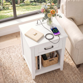 Easoger Farmhouse Nightstand Set of 2 with Charging Station & Large Storage, End Tables with Outlets & USB Ports for Bedroom, White