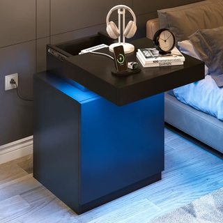 Easoger 17.7" Nightstand with Charging Station &amp; LED Lights, Modern Bedside Table with Sliding Top &amp; Hidden Storage, 2USB+2AC Outlets, Adjustable Shelf