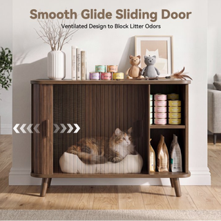 Cat Litter Box Enclosure with Sliding Doors, Wooden Cat Furniture Cabinet with 2 Storage Shelves & Top Table, Kitty-Friendly Round Entry, Hide Messy,Walnut