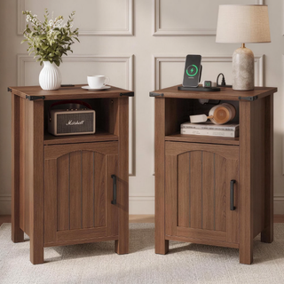 Easoger Set of 2 Farmhouse Nightstand with Charging Station, Modern End Tables with Drawer & Cabinet, USB & Type-C Ports, Wood Rustic Bedside Table for Bedroom, Walnut