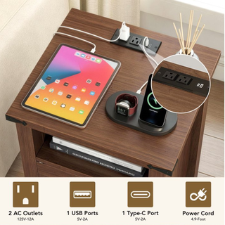 Easoger Set of 2 Farmhouse Nightstand with Charging Station, Modern End Tables with Drawer & Cabinet, USB & Type-C Ports, Wood Rustic Bedside Table for Bedroom, Walnut